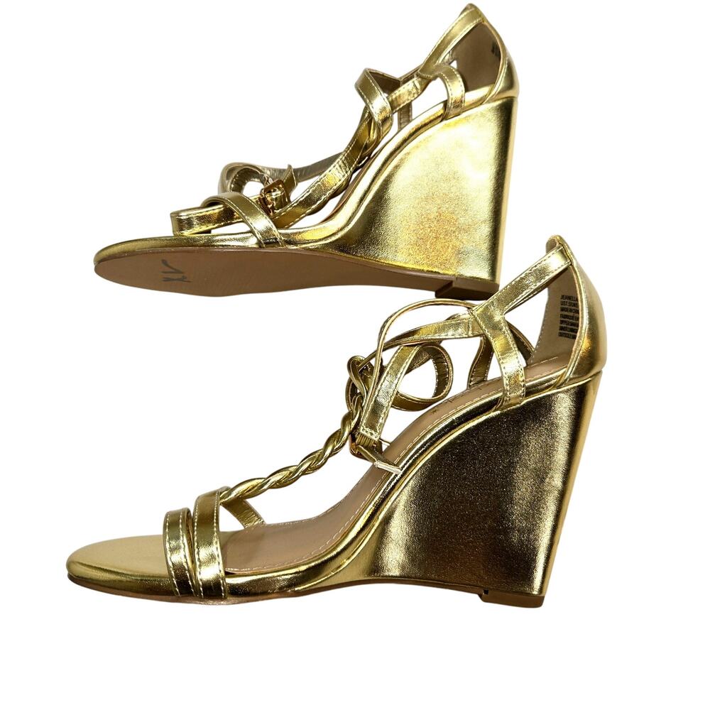NWOT Shoedazzle 7.5 Gold Led Wrap Women's Sandals 4 Inch Wedge Heel Shoes 7 1/2